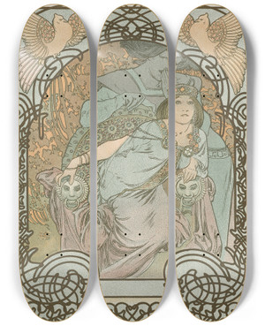 Triptych art skateboard deck of Alphonse Mucha Ilsee Princesse De Tripoli by Alphonse Mucha (1860-1939)