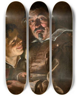 Triptych art skateboard deck of Adam De Coster Homme Mur Et Jeune Garon Tenant Un Verre De Vin La Lumire Dune Bougie by Adam De Coster (1586-1643)