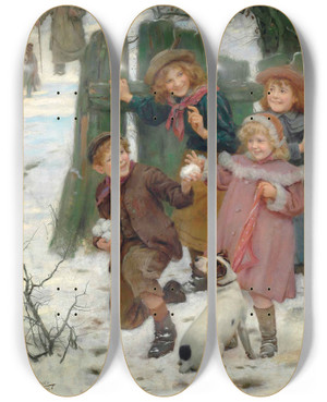 Triptych art skateboard deck of Arthur John Elsley Hold Uphere He Comes by Arthur John Elsley (1860-1952)