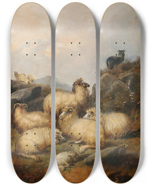 Triptych art skateboard deck of Alfred Morris A Flock Of Sheep In The Scottish Highlands by Alfred Morris (19-)