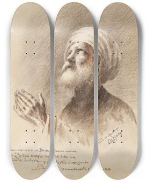 Triptych art skateboard deck of Leonardo De Mango At Prayer by Leonardo de Mango (1843-1930)