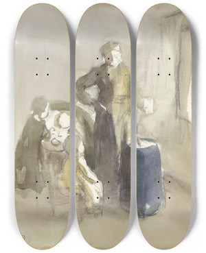 Triptych art skateboard deck of Albert Neuhuys Interieur Met Vrouw En Kinderen Bij Een Karnton by Albert Neuhuys (1844-1914)