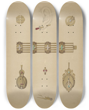 Triptych art skateboard deck of Martin Gerlach Seven Designs For Jewelry Including Earring In Shape Of Gold Sword With Ruby Hilt by Martin Gerlach (1846-1918)