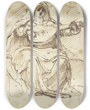 Triptych art skateboard deck of Agostino Carracci Female Lute Player by Agostino Carracci (1557-1602)