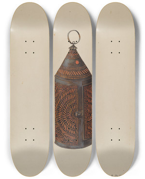 Triptych art skateboard deck of David S De Vault Tin Lantern by David S De Vault