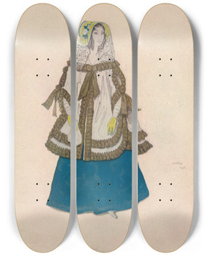 Triptych art skateboard deck of Lon Bakst Lady In Papillons by Leon Bakst (1866-1924)