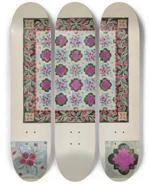 Triptych art skateboard deck of James Vail Hooked Rug by James Vail