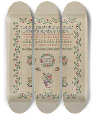 Triptych art skateboard deck of Douglas Campbell Sampler by Douglas Campbell