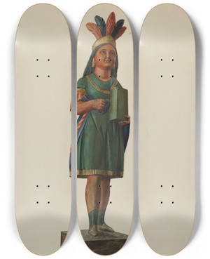 Triptych art skateboard deck of Stanley Mazur Wooden Pocahontas Store Figure by Stanley Mazur