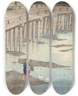 Triptych art skateboard deck of Kawase Hasui The Gion Bridge In Hondo In Amakusa by Kawase Hasui (1883-1957)