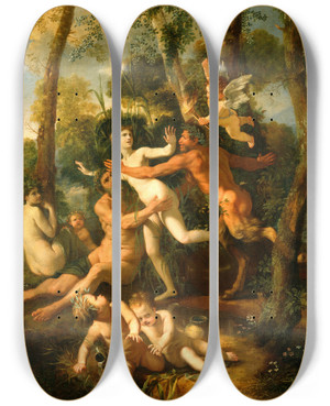 Triptych art skateboard deck of Nicolas Poussin Pan And Syrinx by Nicolas Poussin (1594-1665)