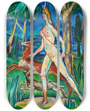 Triptych art skateboard deck of Zygmunt Waliszewski Diana In The Forest by Zygmunt Waliszewski (1897-1936)