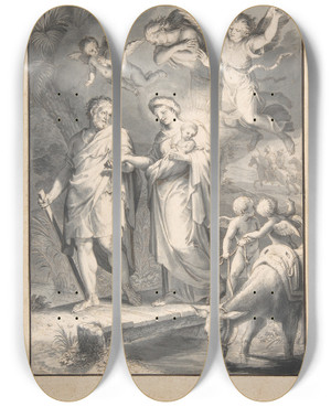 Triptych art skateboard deck of Jacques Stella The Flight Into Egypt by Jacques Stella (1596-1657)
