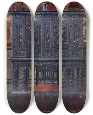 Triptych art skateboard deck of Edwin Foley The Rubens Cabinetof Ebony Carved Interior Fittings Inlaid And Columns Of Tortoiseshell by Edwin Foley (1859-1912)