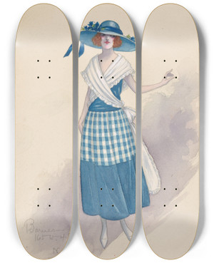 Triptych art skateboard deck of Will R Barnes Gingham Girl 2 by Will R Barnes (1939)
