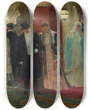 Triptych art skateboard deck of Jean Braud Exit From The Loge Of The Opera by Jean Beraud (1849-1935)