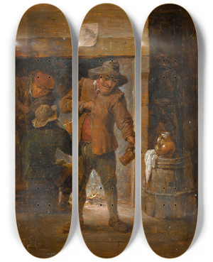 Triptych art skateboard deck of Workshop Of David Teniers The Younger Tavern Interior With Menat A Hearth by workshop of David Teniers the Younger (1610-1690)