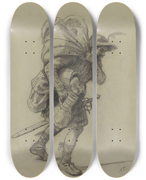 Triptych art skateboard deck of Adolph Tidemand Lanseknekt Med Sverd Og Sekk P Ryggen by Adolph Tidemand (1814-1876)