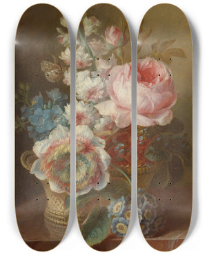 Triptych art skateboard deck of Cornelis Van Spaendonck Still Life With Flowers by Cornelis Van Spaendonck (1756-1839)