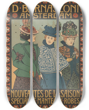 Triptych art skateboard deck of Johann Georg Van Caspel Advertisement Of Clothing Store D Barnasconi In Amsterdam by Johann Georg Van Caspel (1870-1928)