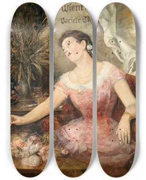 Triptych art skateboard deck of Carl Probst In Der Theatergarderobe by Carl Probst (1854-1924)