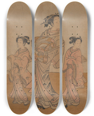 Triptych art skateboard deck of Korysai Isoda Courtesan And Two Kamuro by Isoda Koryusai (1735-1790)