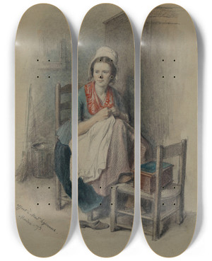 Triptych art skateboard deck of Jeanbaptiste Madou Woman Sewing by Jean-Baptiste Madou (1796-1877)