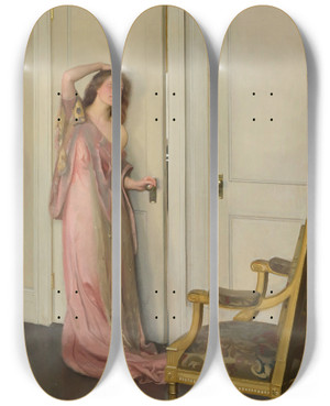 Triptych art skateboard deck of William Mcgregor Paxton The Other Door by William Mcgregor Paxton (1869-1941)
