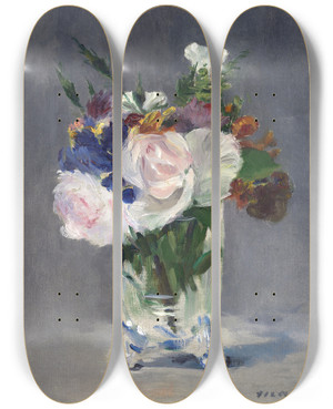 Triptych art skateboard deck of Douard Manet Flowers In A Crystal Vase by douard Manet (1832-1883)