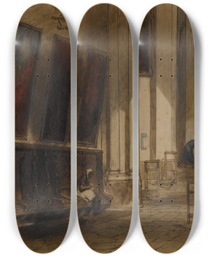 Triptych art skateboard deck of Louisadolphe Hervier Interior Of A Cathedral by Louis-Adolphe Hervier (1818-1879)
