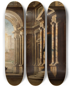 Triptych art skateboard deck of Leonardo Coccorante View Of The Interior Of A Building by Leonardo Coccorante (1680-1750)