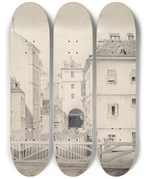 Triptych art skateboard deck of Heinrich Lang Das Neutor In Wien by Heinrich Lang (1838-1891)