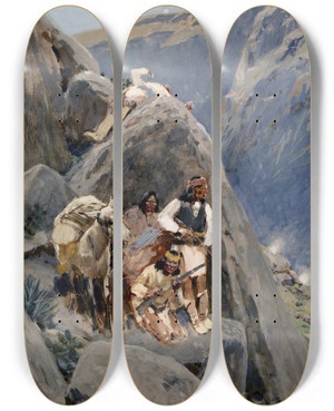 Triptych art skateboard deck of Henry Farny Apache Indians In The Mountains by Henry Farny (1847-1916)