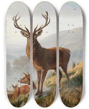 Triptych art skateboard deck of Carl Friedrich Deiker Der Kapitale Hirsch by Carl Friedrich Deiker (1836-1892)