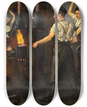 Triptych art skateboard deck of Stanisaw Lentz In The Smithy by Stanislaw Lentz (1861-1920)