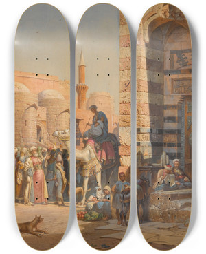 Triptych art skateboard deck of Carl Friedrich Heinrich Werner Street In Cairo by Carl Friedrich Heinrich Werner (1808-1894)