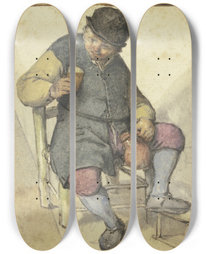 Triptych art skateboard deck of Adriaen Van Ostade Sitzender Bauer Von Vorn Mit Krug Und Glas by Adriaen Van Ostade (1610-1684)