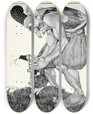 Triptych art skateboard deck of Willy Pogany Fortyfour Turkish Fairy Tales Pl 10 by Willy Pogany (1882-1955)