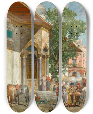 Triptych art skateboard deck of Alberto Pasini By The Fountain by Alberto Pasini (1826-1899)