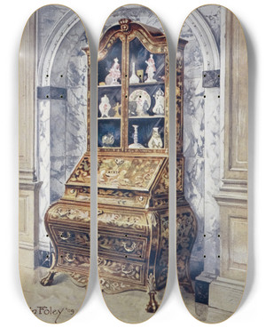 Triptych art skateboard deck of Edwin Foley Inlaid Walnut Bomb Bureaucabinet by Edwin Foley (1859-1912)