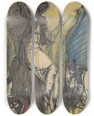 Triptych art skateboard deck of Jn Novk Design For A Fullpage Illustration by Jan Novak (1921-1944)