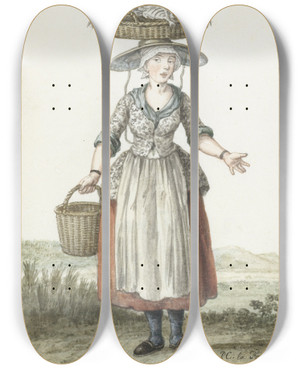 Triptych art skateboard deck of Paulus Constantijn La Fargue Scheveningse Visloopster by Paulus Constantijn La Fargue (1729-1782)