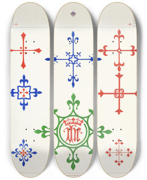 Triptych art skateboard deck of Augustus Pugin Crosses For Marking Altar Linen by Augustus Pugin (1812-1852)