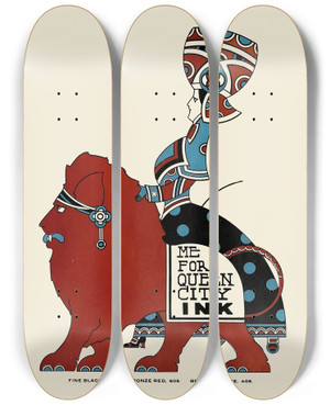 Triptych art skateboard deck of Augustus Jansson Queen City Ink Ad 09 by Augustus Jansson (1863-1931)