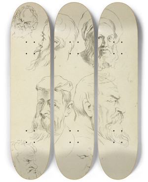 Triptych art skateboard deck of Peter Paul Rubens Seven Male Heads All With Beards Two Wearing Caps by Peter Paul Rubens (1577-1640)