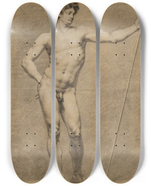 Triptych art skateboard deck of Philipp Jakob Becker Stehender Mit Der Linken Hand Einen Aufgestellten Stab Haltend Die Rechte Auf Die Hfte Abgesttzt by Philipp Jakob Becker