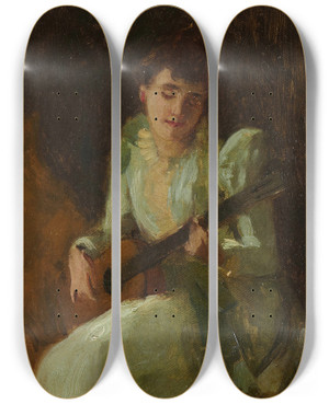 Triptych art skateboard deck of William Merritt Chase Lady Playing Guitar by William Merritt Chase (1849-1916)