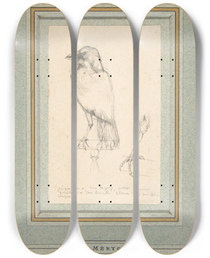 Triptych art skateboard deck of Charles Meryon A Raven Perched On A Rail by Charles Meryon (1821-1868)