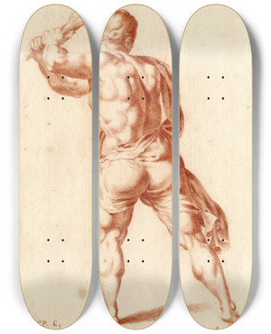 Triptych art skateboard deck of Cornelis Pronk Tekening Van Staande Man Met Knuppel Zwaaiend by Cornelis Pronk (1691-1759)