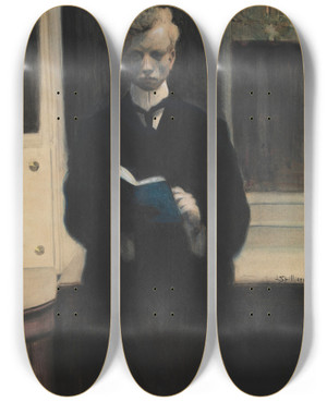 Triptych art skateboard deck of Lon Spilliaert Self Portrait With Blue Sketchbook by Leon Spilliaert (1881-1946)